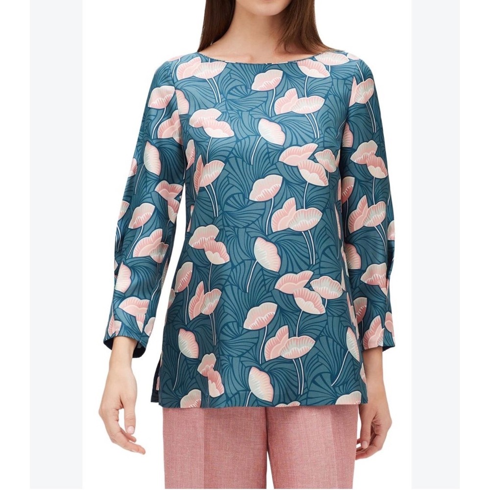 Lafayette 148 New York Teal Pink Floral Silk Tunic Top Size 8